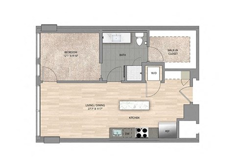 Floor plan for 1 bed, 1 bath, 688 sqft
